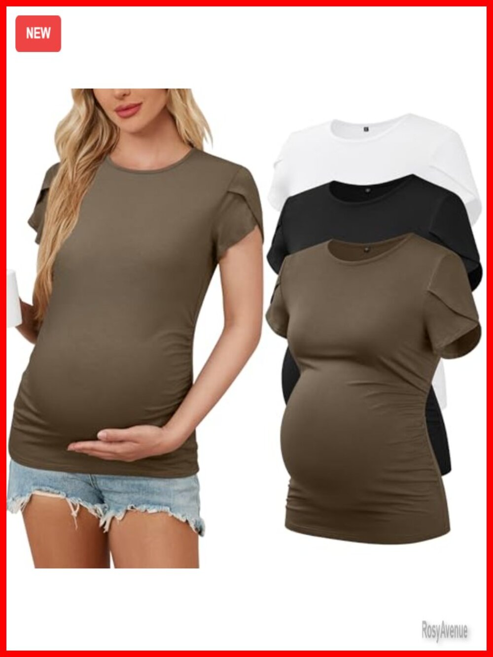 Maternity T-Shirts 3 Pack Petal Sleeve Side Ruched Crew Neck Casual Tops